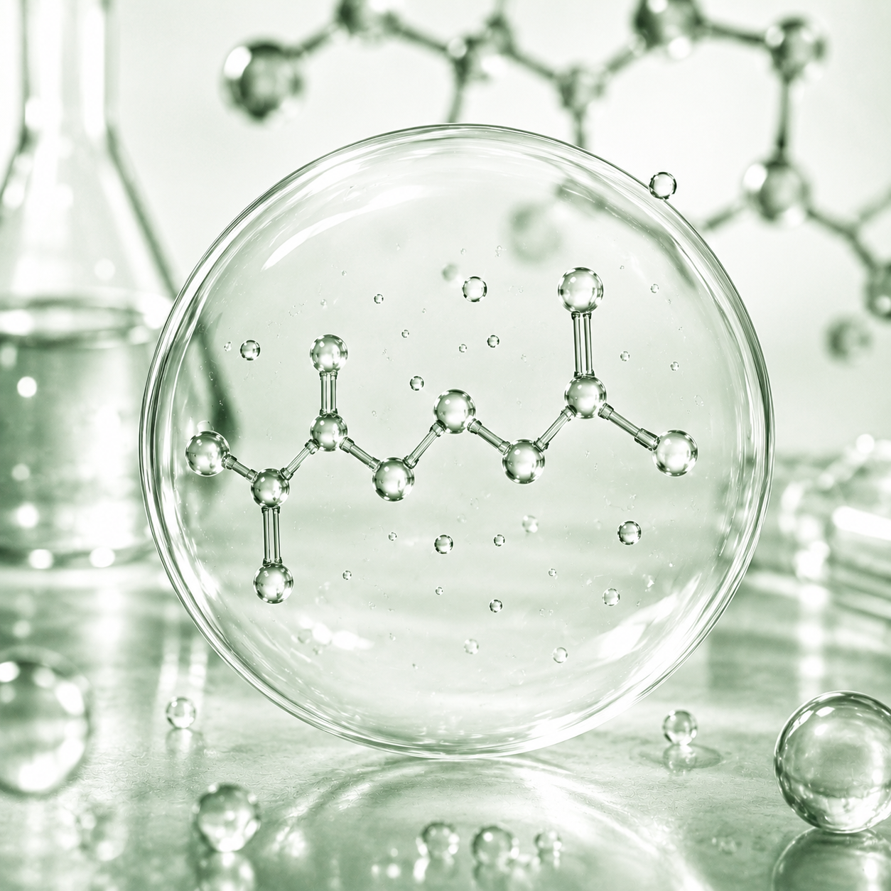 Azelaic acid molecule suspended in a clear glass dish