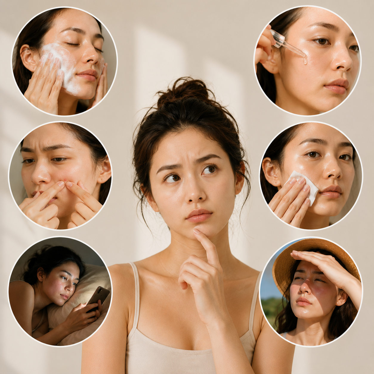 Skincare do's and don'ts flat lay with cherry blossom