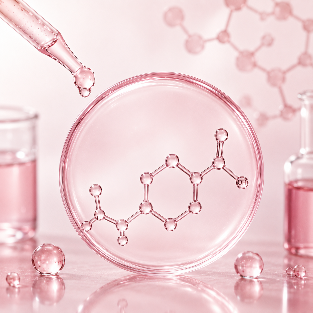 Tranexamic acid molecule in pink droplet with dropper