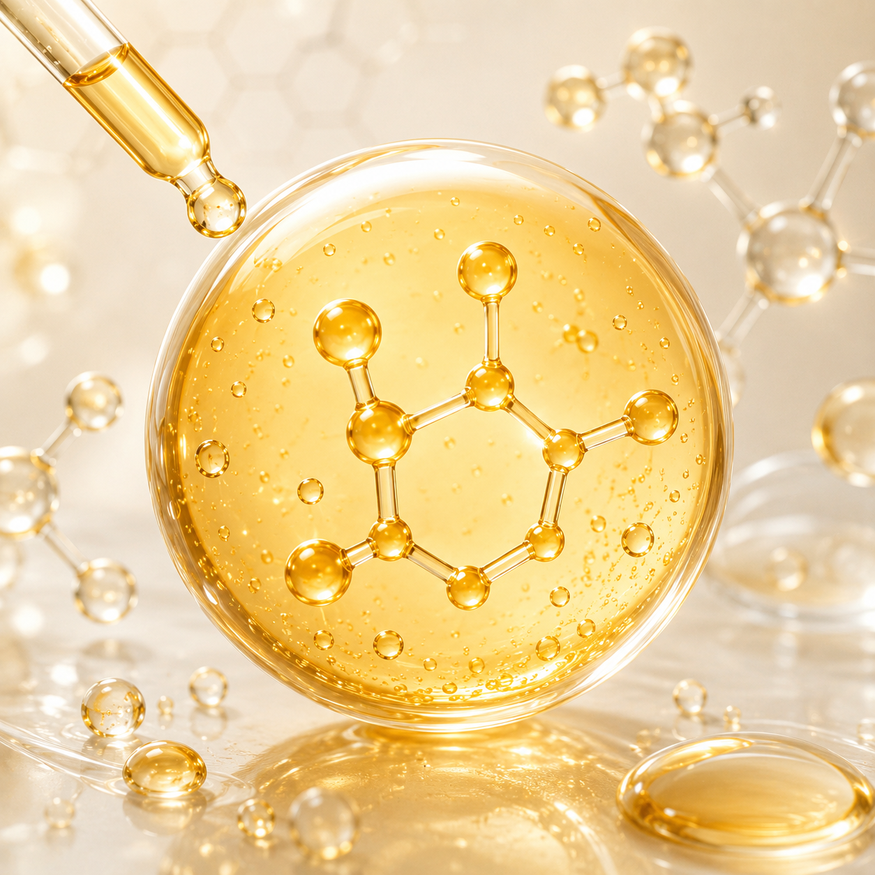 Golden vitamin C molecule suspended in a serum droplet with dropper