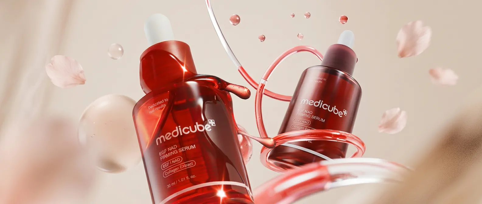 Medicube EGF NAD Firming Serum on a nude blossom backdrop